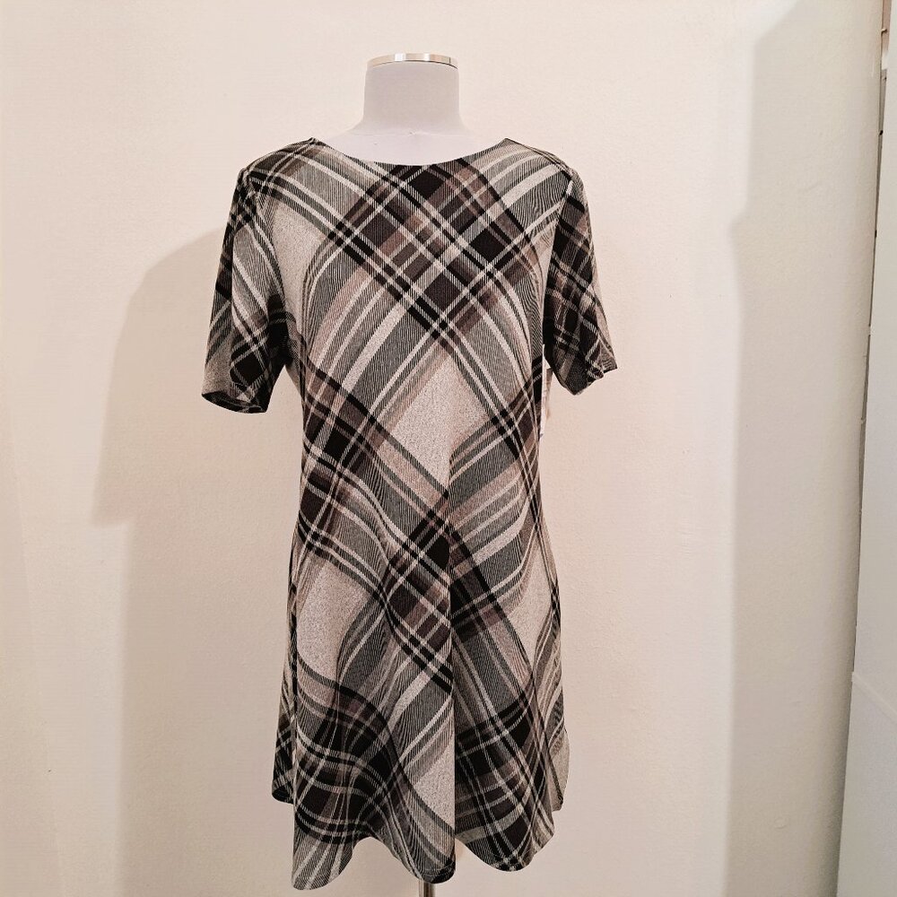 R&K Women's Petites Plaid Dress Short Sleeve Black/Charcoal Size PXL NWT